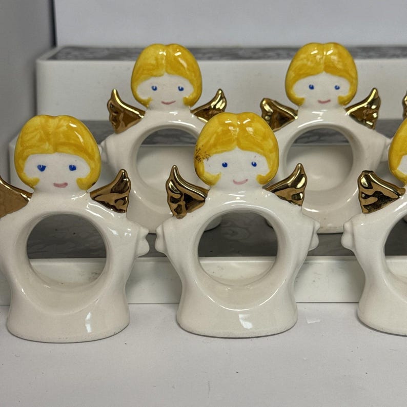 VTG Ceramic Set 8 Standing Angel Napkin Holders Rings White Christmas Dinner image 1