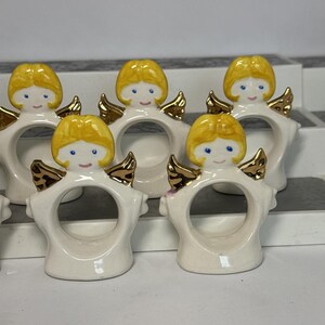 VTG Ceramic Set 8 Standing Angel Napkin Holders Rings White Christmas Dinner image 3