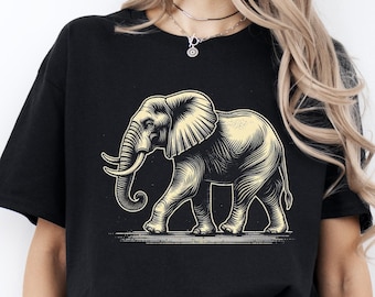 Walking Elephant T-Shirt: Engraved Line Art, 100% Cotton