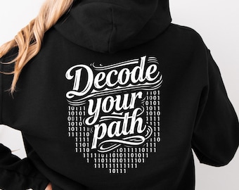 Moletom com Capuz Decode Your Path Binary Grid: Estampa sobre padrão binário, estilo streetwear tecnológico, mistura de algodão e poliéster.