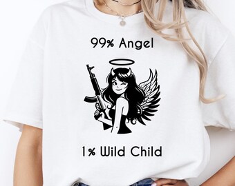 1 procent engel 99 procent Wildchild-T-shirt: Angel-Devil-embleem, 100% katoen