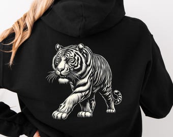 Prowling Tiger Hoodie: Line Art Back Print, Cotton-Poly Blend