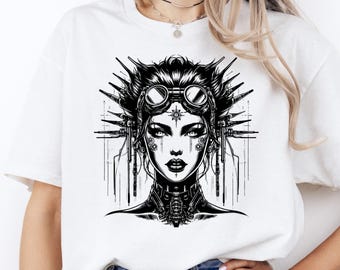 Cyberpunk Girl T-Shirt: Goggles & Halo Spikes, 100% Cotton