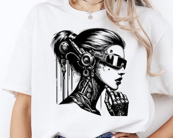 Cyberpunk Girl T-Shirt: Tech Visor Android, Graphic Tee Streetwear, 100% Cotton