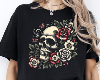 Skull & Roses T-Shirt: Gothic Graphic Tee, Dark Floral Streetwear