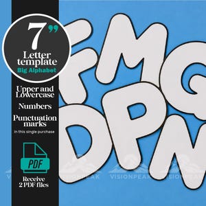 May include: A 7-inch letter template set featuring a big alphabet, uppercase and lowercase letters, numbers, and punctuation marks. The white letters have black outlines and are displayed on a blue background. Includes two PDF files.