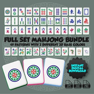 May include: A digital bundle of Mahjong tiles featuring 49 patterns with various symbols, numbers, and illustrations in red, blue, green, and black. The set includes three 3D base colors and text reading FULL SET MAHJONG BUNDLE and INSTANT DIGITAL DOWNLOAD.
