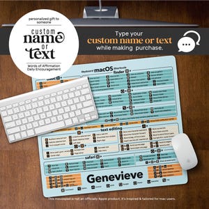 Puede incluir: Una alfombrilla de ratón rectangular de color azul claro que presenta una guía completa de atajos de teclado para macOS, incluyendo secciones para Finder, edición de texto y Safari. El centro muestra el nombre Genevieve en negrita negra, con un teclado y ratón blancos.