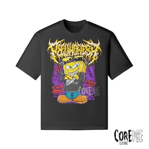 May include: A black short-sleeve t-shirt featuring a graphic of a yellow cartoon character wearing a black bandana, a dark shirt, and tan boots. The character holds a knife with arms crossed. Above is yellow text reading "FEELING FRESH".