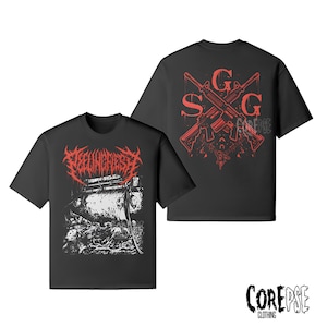 May include: Black t-shirts with red and white graphics. One shirt features the word "FELLINHEAVEN" above a detailed illustration. The other shirt displays crossed rifles with the letters "SGG" and the word "COREPSE" in red.