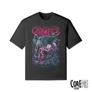 May include: Black t-shirt featuring a graphic design with a skull, ravens, and roses in shades of purple, teal, and pink. The word "CARNIFEX" is printed above the design in pink. The brand name "COREPSE CLOTHING" is printed at the bottom.