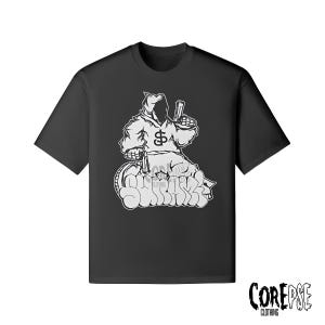 May include: Black t-shirt featuring a white graphic of a hooded figure holding a gun and riding a motorcycle. The graphic includes the word "SHURASE" in a stylized font. The shirt has a crew neck and short sleeves.