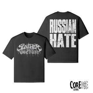 Op de afbeelding: Twee zwarte t-shirts met witte tekst. Eén shirt toont "SLAUGHTER TO PREVAIL" in een gotisch lettertype. Het andere shirt toont "RUSSIAN HATE" in grote, vervaagde blokletters. Het Corepse Clothing-logo staat onderaan.