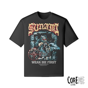 May include: A black short-sleeve t-shirt featuring a graphic print of a hooded skeleton figure aiming a handgun. The text "SUNAMI" appears at the top in a stylized font, with "WEAK DIE FIRST" printed below the graphic in white capital letters.