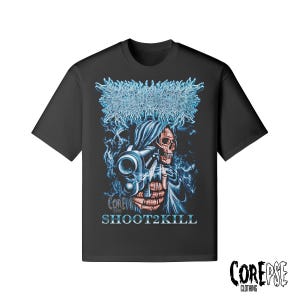 May include: A black short-sleeve t-shirt featuring a graphic of a hooded skeleton holding a handgun. The design includes blue smoke, a skull, and the text "SHOOT2KILL" in white lettering, with "COREPSE CLOTHING" printed in a stylized font.