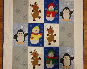 One of a Kind Snowman Penguin Reindeer Winter finished Applique Baby Quilt