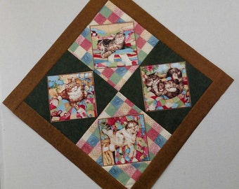 Handmade Playful Quilt Cats On Point pieced Baby Quilt top 35 x 35