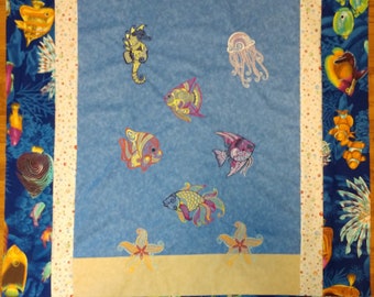 Handmade Fun Under the Sea Fish - Starfish embroidered Baby Quilt Top 40x44