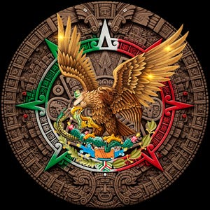 May include: A detailed illustration of the Aztec calendar with a brown eagle holding a snake in its beak. The eagle is centered, with wings spread, above a green, white, and red emblem. The background is a dark brown with carved details.