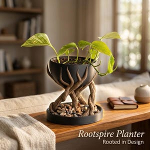 May include: A black bowl-shaped planter held by a brown, textured, tree-root-like base, sitting on a matching circular tray filled with small pebbles. A green pothos plant with variegated leaves grows inside the planter. Text reads Rootspire Planter.