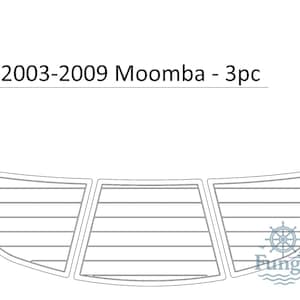 Puede incluir: Dibujo lineal de un juego de almohadillas para cubierta de barco. El texto "2003-2009 Moomba - 3pc" está encima del juego de almohadillas. El juego de almohadillas está dividido en tres secciones con líneas horizontales.