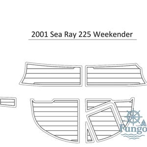 Puede incluir: Dibujo lineal de plantillas de suelo para barco para un Sea Ray 225 Weekender de 2001. Las plantillas son de varias formas y tamaños, con líneas horizontales que indican el patrón de la veta de la madera. El logotipo de Fungo está en la esquina inferior derecha.