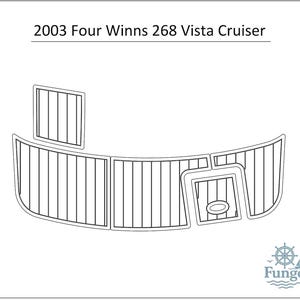 Puede incluir: Dibujo lineal de la cubierta de un barco con líneas verticales, con una ventana y una sección central con un detalle circular. El texto "2003 Four Winns 268 Vista Cruiser" está en la parte superior. El logotipo de Fungo está en la parte inferior.