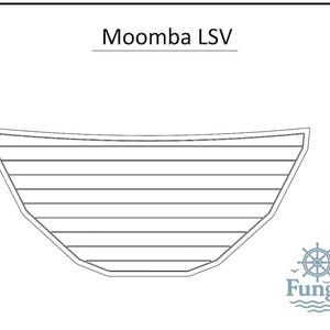 Puede incluir: Un dibujo lineal de un barco con el texto "Moomba LSV" encima. El barco tiene una parte superior curva y una serie de líneas horizontales. El logotipo de Fungo está en la esquina inferior derecha.