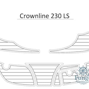 Puede incluir: Dibujo lineal de piezas de suelo para barco para un barco Crownline 230 LS. Las piezas son grises con líneas horizontales y tienen varias formas para adaptarse al interior del barco. El texto "Crownline 230 LS" está en la parte superior.