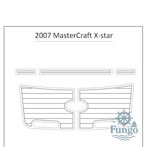 Puede incluir: Dibujo lineal de un kit de cubierta de barco para un MasterCraft X-star de 2007. El kit incluye múltiples piezas con líneas horizontales y un logotipo que dice "Fungo".