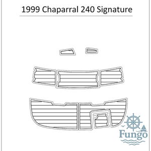 Puede incluir: Dibujo lineal de un kit de cubierta de barco para un barco Chaparral 240 Signature de 1999. El kit incluye piezas de cubierta con líneas horizontales, y el logotipo de Fungo está en la esquina inferior derecha.