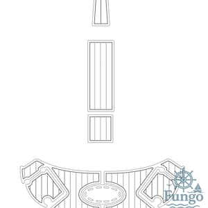 Puede incluir: Dibujo lineal de una cubierta de barco con varios componentes. El diseño incluye una sección curva con un óvalo en el centro, una sección rectangular y una sección cuadrada más pequeña. El logotipo de Fungo está en la esquina inferior derecha.