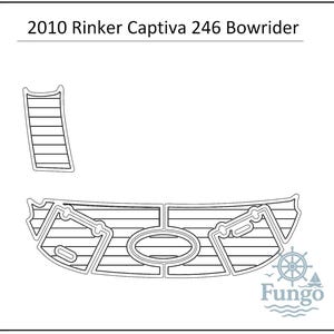 Puede incluir: Dibujo lineal del suelo interior de un barco, con una sección curva y una forma ovalada, más una pieza separada más pequeña. El texto "2010 Rinker Captiva 246 Bowrider" está en la parte superior.