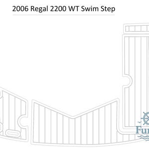 Puede incluir: Un esquema detallado de un escalón de natación para barco, con varias secciones interconectadas con líneas verticales y anguladas. El texto "2006 Regal 2200 WT Swim Step" está en la parte superior. El logotipo de Fungo está en la parte inferior derecha.