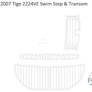 Puede incluir: Dibujo lineal de piezas de barco, incluyendo un escalón de baño y espejo de popa, con el texto "2007 Tige 2224VE Swim Step & Transom". La imagen también incluye el logotipo de Fungo, un timón estilizado.