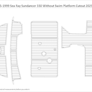 Puede incluir: Dibujo lineal de un recorte de cubierta de barco para un Sea Ray Sundancer 330 de 1995-1999 sin plataforma de baño. La imagen incluye el texto "1995-1999 Sea Ray Sundancer 330 Without Swim Platform Cutout 2025-5-6".