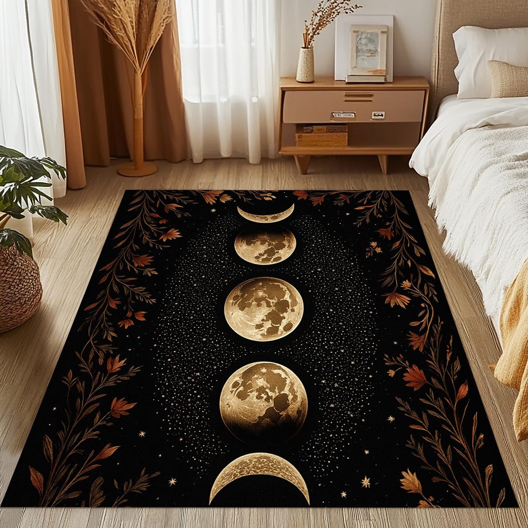 Moon Face Rug Moon Phases Rug: Golden Lunar Carpet, Black Starry Night Design ...