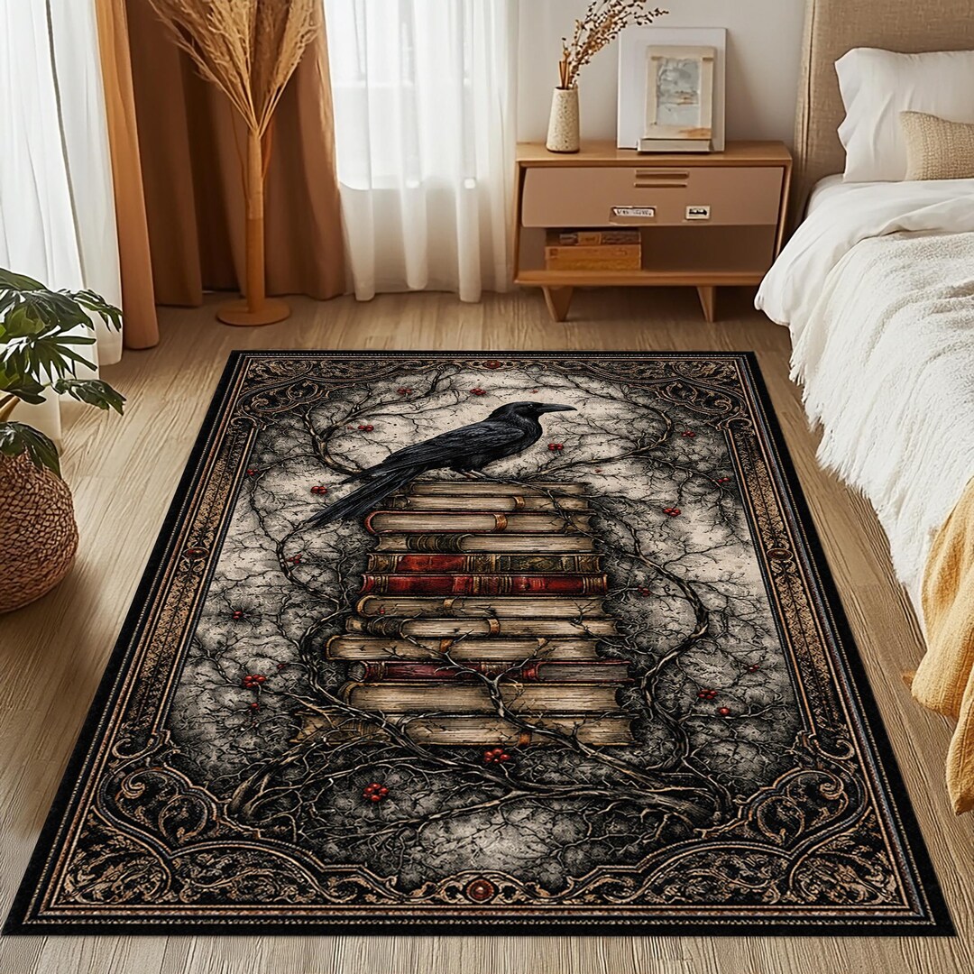 Hidden Library Rug Raven Gothic Library Rug: Dark Academia Carpet, Crow Bookstack ...