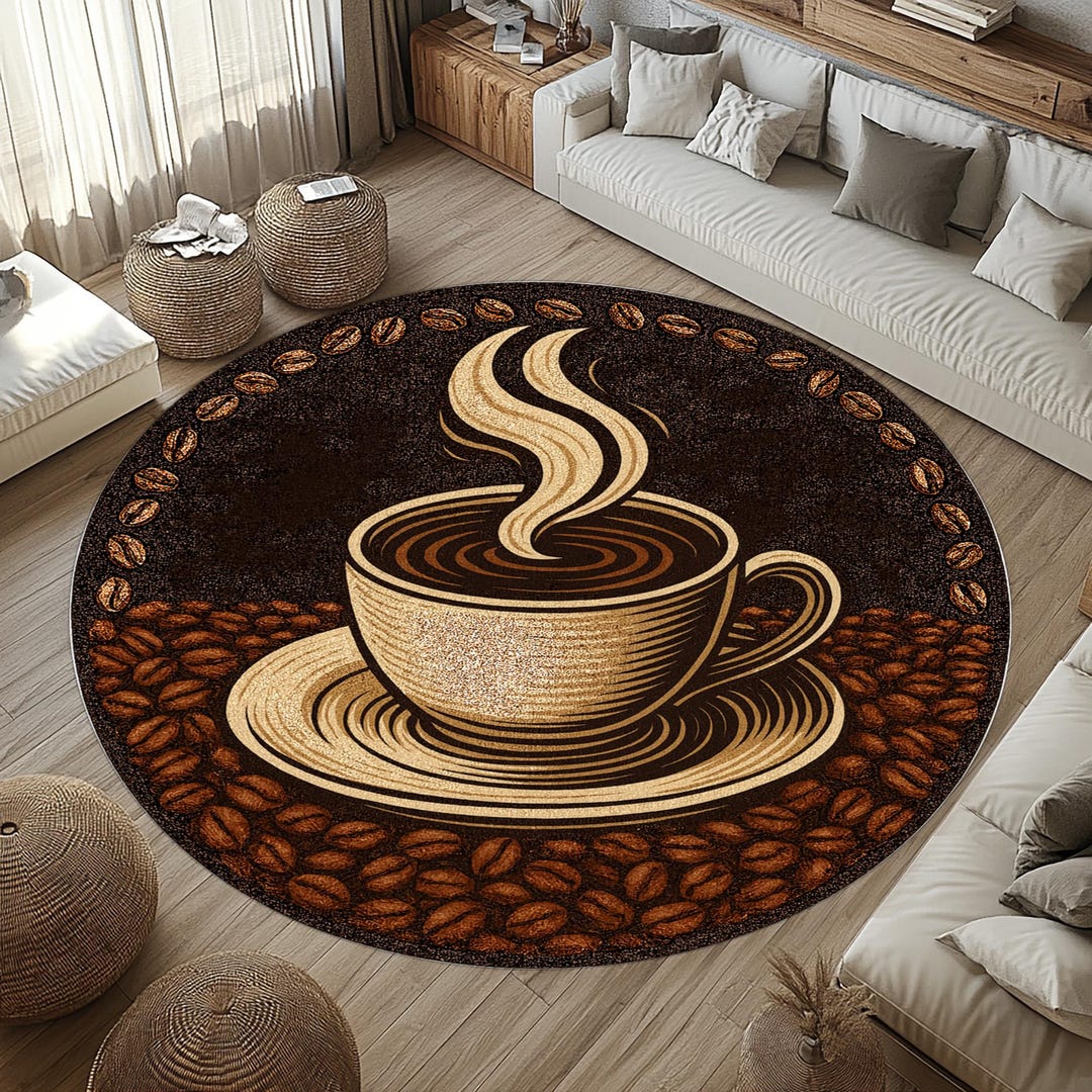 Coffee Room Rug Vintage Coffee Cup Design Rug: Round Coffee Theme Carpet (1.9ft / 60cm ...