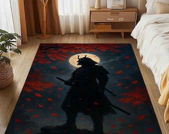 May include: A rectangular area rug featuring a samurai warrior silhouette against a night sky backdrop. The design includes a full moon, red autumn leaves, and stylized trees. The rug is suitable for a bedroom or living room.
