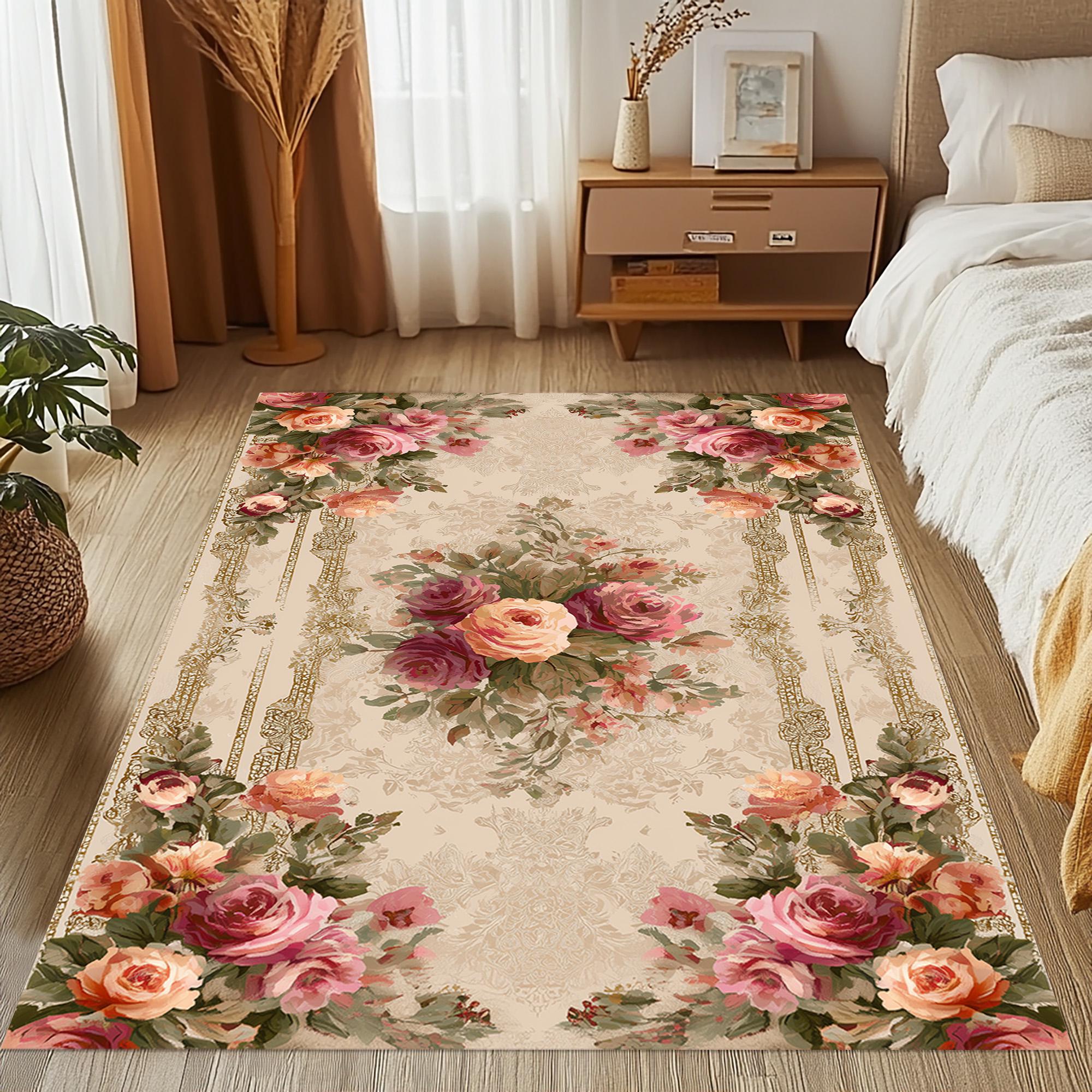 Blush Rose Garden Rug: Floral Carpet, Romantic Bouquet Pattern, Gold ...