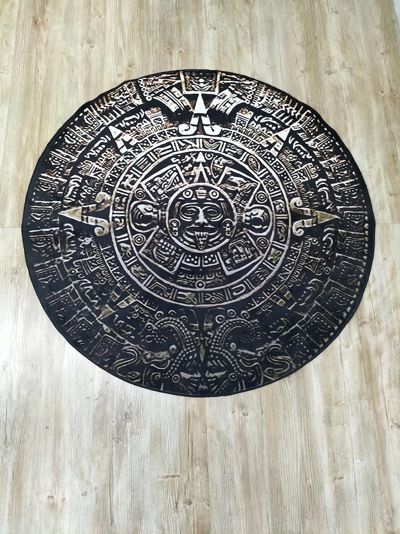 Mayan Calendar Round Rug: Aztec Decor, Non-slip Cotton Base - Etsy