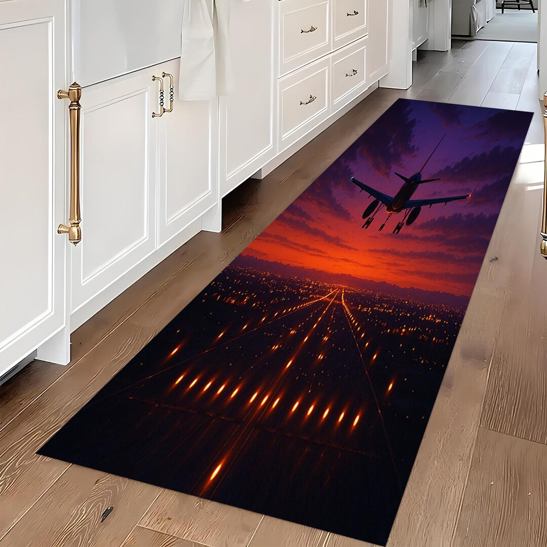 Airplan Rug Airplane Night Landing Rug: City Lights Carpet, Orange Purple Sky ...