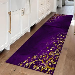 Purple and Gold Turkish Runner Rug: Modern Abstract Design