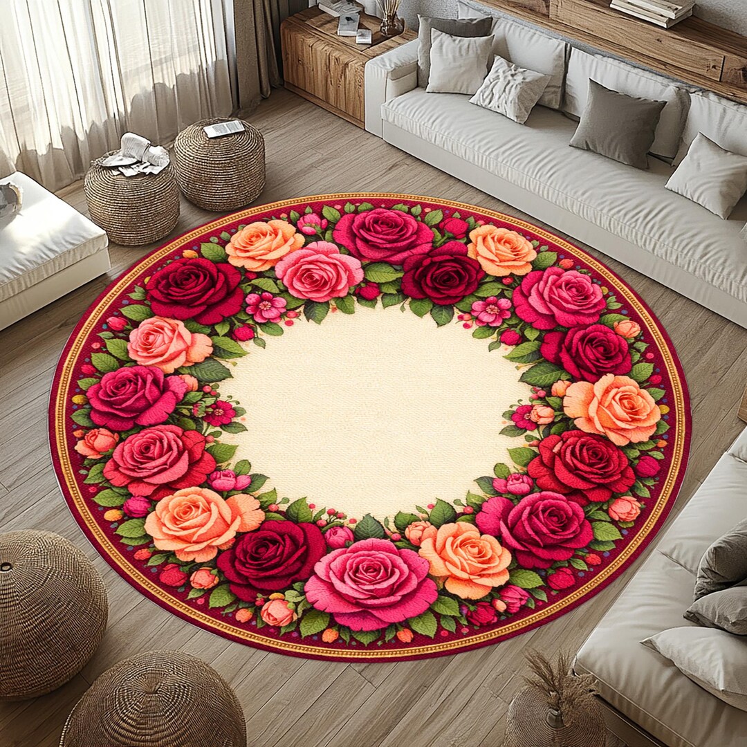 Crimson Bloom Round Rug: Rose Wreath Carpet, Romantic Floral Botanical ...