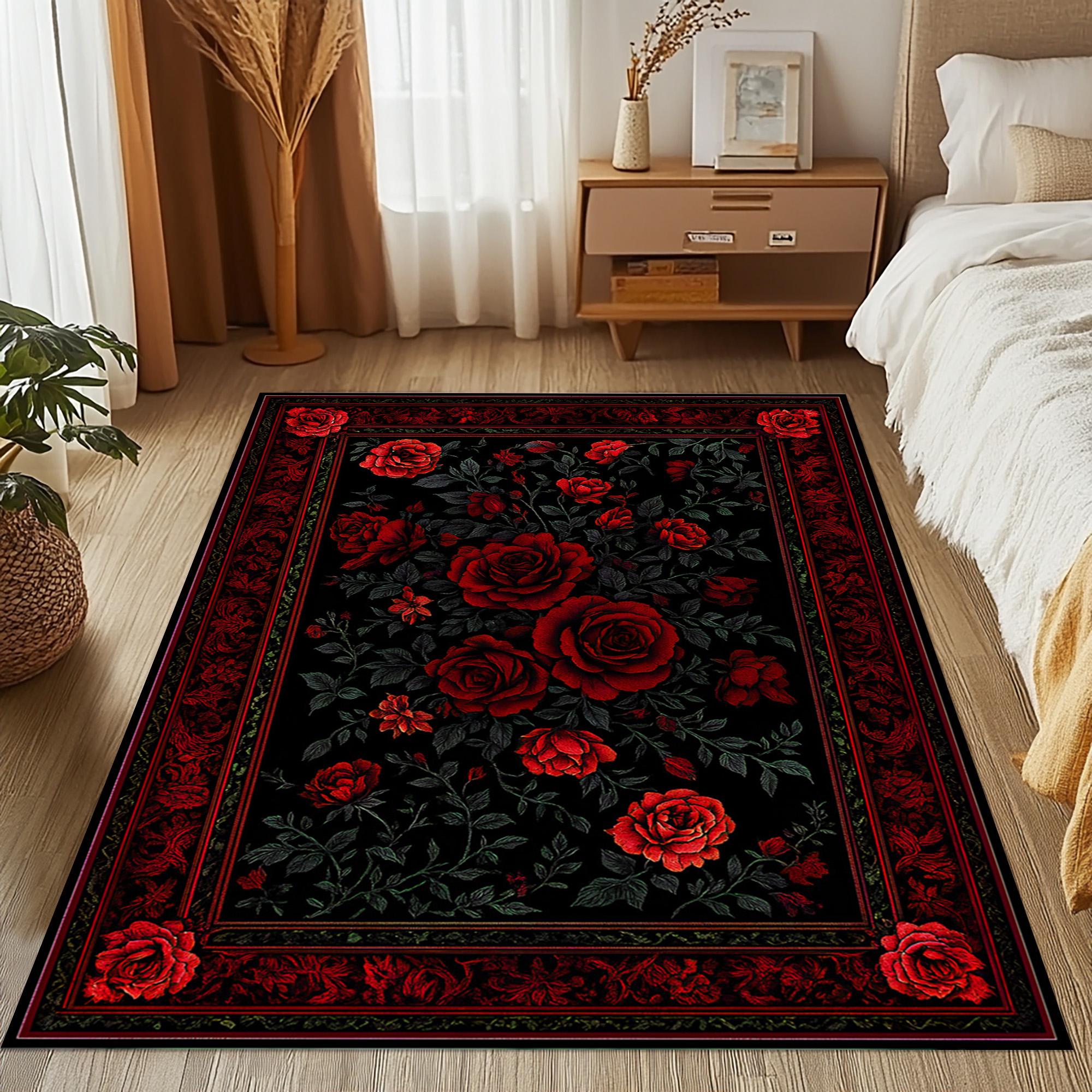 Carpet Rococo Red Gothic Red Rose Rug: Victorian Floral Carpet, Elegant Living Room Decor ...