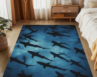 Shark Nursery Rug, Blue Ocean Carpet, Sea Life Kids Room Decor