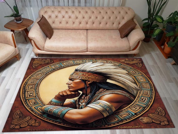 Native Chief Round Rug: Tribal Warrior Portrait, Aztec Pattern, Earth Tone, Statement Living Room