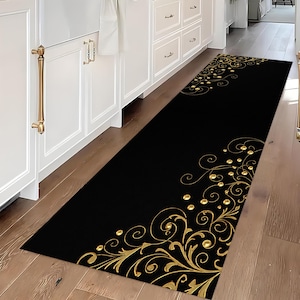 Runner Black Gold Rug, For Living Room Black Carpet, Modern Black Carpet, Black Turkish Carpet, Unique Design Carpet, Indoor Black Floor Rug