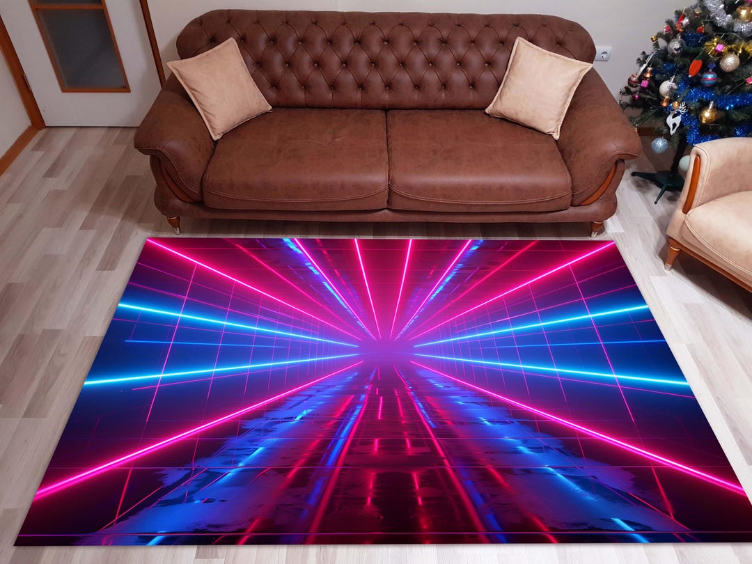 Retro Neon Tunnel Rug: Modern Geometric LED Effect Room Decor - Etsy